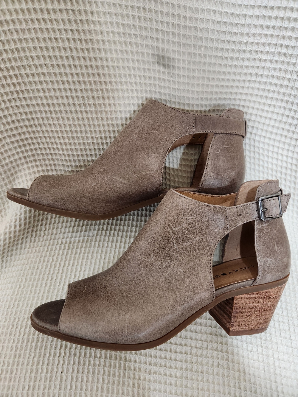 Taupe Open-Toe Ankle Booties with Buckle